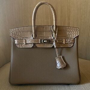 NEW 25cm gray genuine leather crocodile touch leather top handle handbag bk25